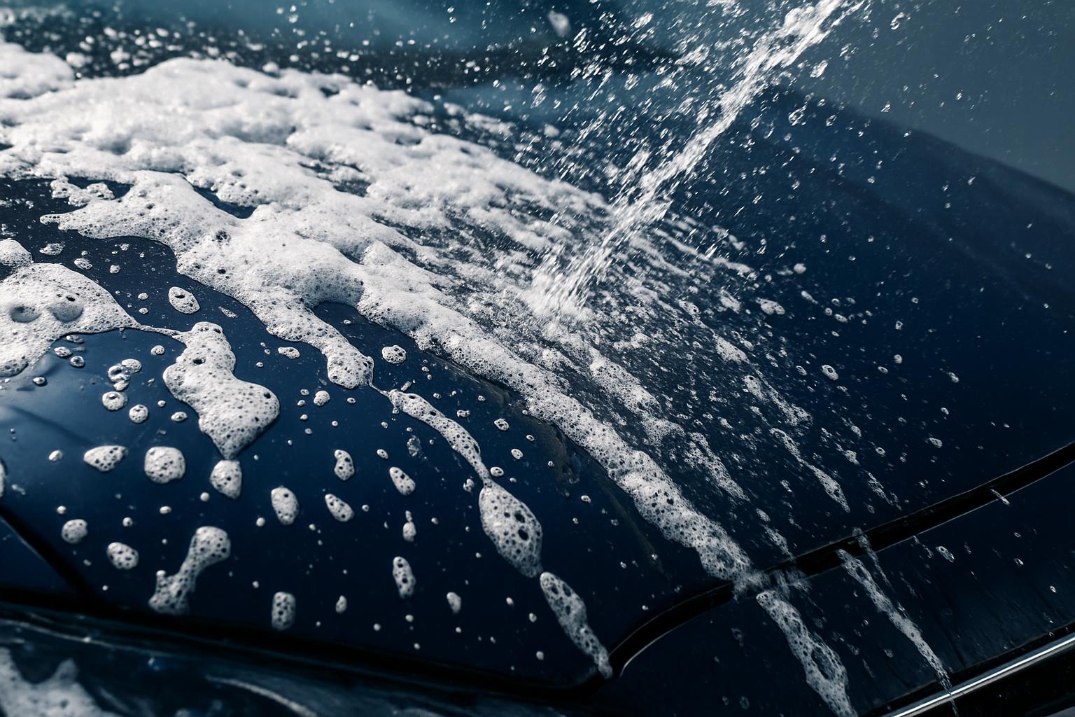 Car being washed with water and foam